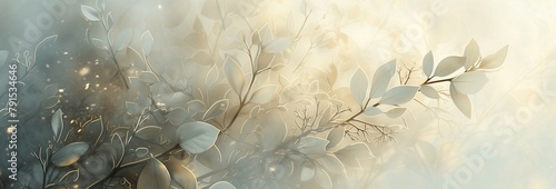 Misty Grey and White Leafy Design with Thin Gold Trims on the Leaves