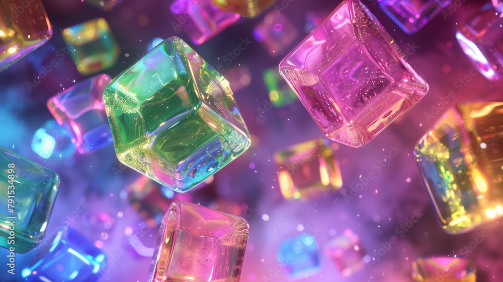 colorful jelly cubes floating in zero gravity, each reflecting a different hue of the spectrum. colorful jelly cubes floating in zero gravity, each reflecting a different hue of the spectrum.
