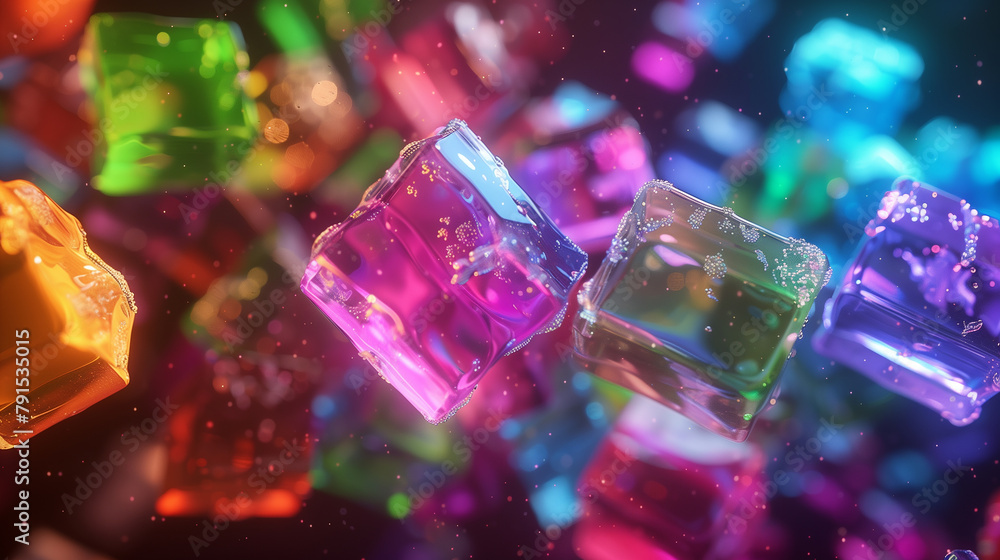 colorful jelly cubes floating in zero gravity, each reflecting a different hue of the spectrum. colorful jelly cubes floating in zero gravity, each reflecting a different hue of the spectrum.