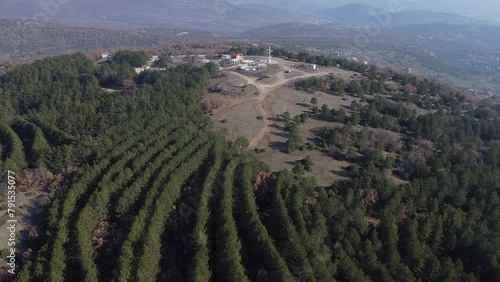 Drone flying over dense green trees towards the Kuchkovo Cross in Kuckovo village, North Macedonia photo