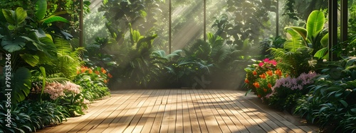 An empty wooden walkway floor in tropical botanical green plant garden, editable graphic photo