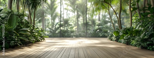 An empty wooden walkway floor in tropical botanical green plant garden, editable graphic photo