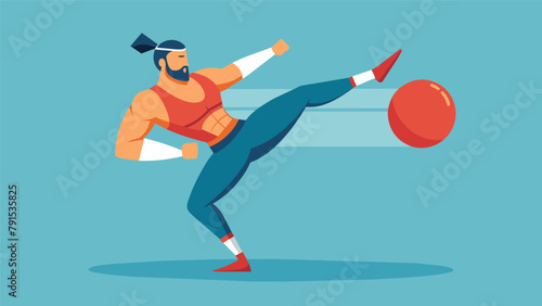 A kickboxer incorporating onelegged balance exercises with medicine ball slams and explosive kicks challenging their core stability and photo