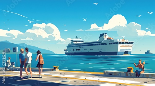 Sea ferry transportation and travel illustration. Ships arrival to port and passengers landing ,Generative ai, photo