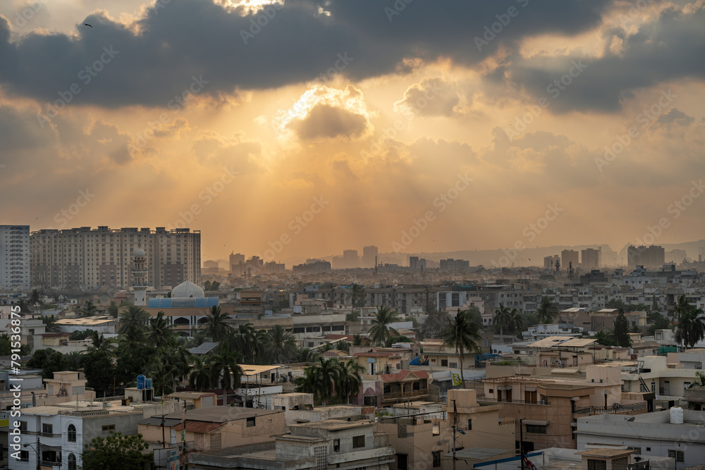  Aerial Sunset view of Karachi City. Karachi. Building and landmark