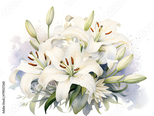 Illustration bouquet of white lilies flowers on white background 