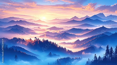 The bright saturated colors of dawn over the sea of ​​​​fog over the Carpathian peaks are an extraordinarily beautiful panorama, illuminated by the golden rays of the morning sunrise 