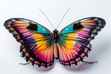 A close-up shot of a vibrant butterfly emblem, its multicolored wings spread wide against a backdrop of pristine white.