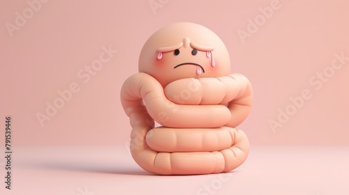 Cartoon illustration of a sad abstract gut with a disease.   © AIExplosion