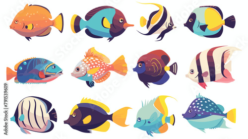 Exotic cartoon colorful tropical fish collection. M