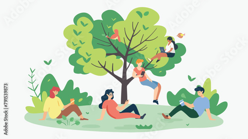 People relaxing in park nature. Couples friends 