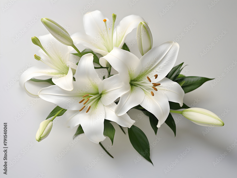 Close up of bouquet of white beautiful lilies flowers Close up of bouquet of white beautiful lilies flowers