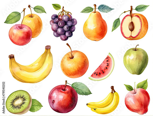 watercolor set of twelve fruits on a white background