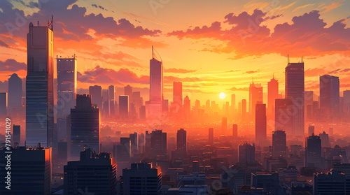 Ariel view of city skyline at sunset, illustration of Asian cityscape buildings