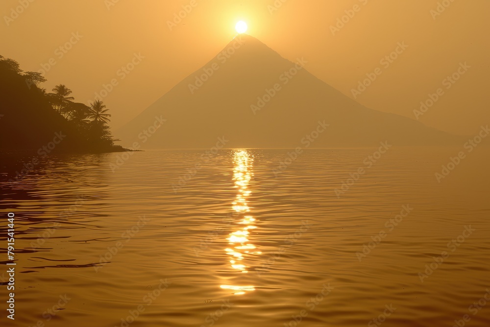 Golden Sunset Overlooking the Serene Lake, Mountain, and Reflective Waters