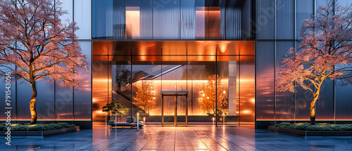 Modern Architecture and Urban Design in a City Setting, Building Entrance with Elegant Facade and Illuminated Street