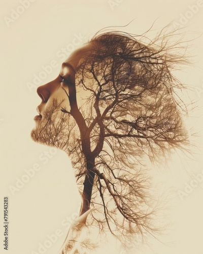 Double exposure illustration of a woman with nature background