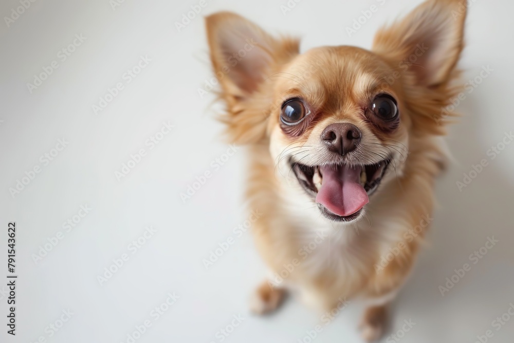 Cute and playful small dog Chihuahua sitting looking up with funny face on white studio background. Portrait of happy puppy having fun with its tongue out. Beautiful cute pup playing close up. Banner Cute and playful small dog Chihuahua sitting looking up with funny face on white studio background. Portrait of happy puppy having fun with its tongue out. Beautiful cute pup playing close up. Banner