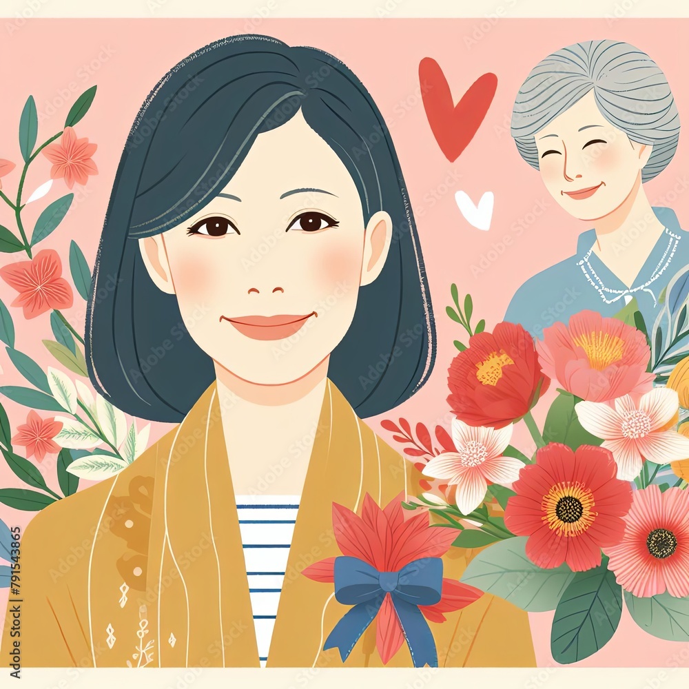 Mother's Day card. Floral Bliss. Two women amidst bright flowers. Mother's Day card. Floral Bliss. Two women amidst bright flowers.