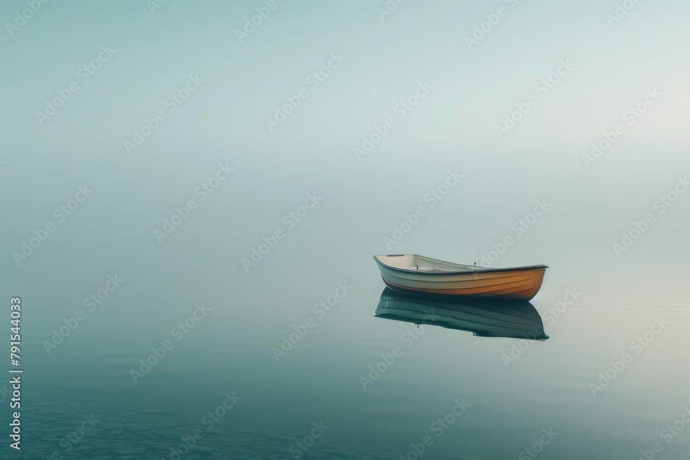A small boat is floating alone on a calm lake, with no other distractions in the frame, emphasizing the sense of solitude and tranquillity. A small boat is floating alone on a calm lake, with no other distractions in the frame, emphasizing the sense of solitude and tranquillity.