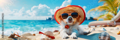 dog on the beach, Dog Wearing Summer Shirt with Sunglasses on Tropical Beach..  © Fatima