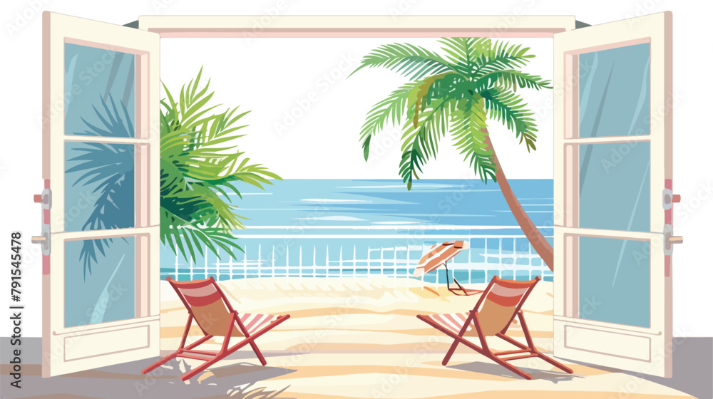 Sea landscape summer beach palm tree beach chairs. background