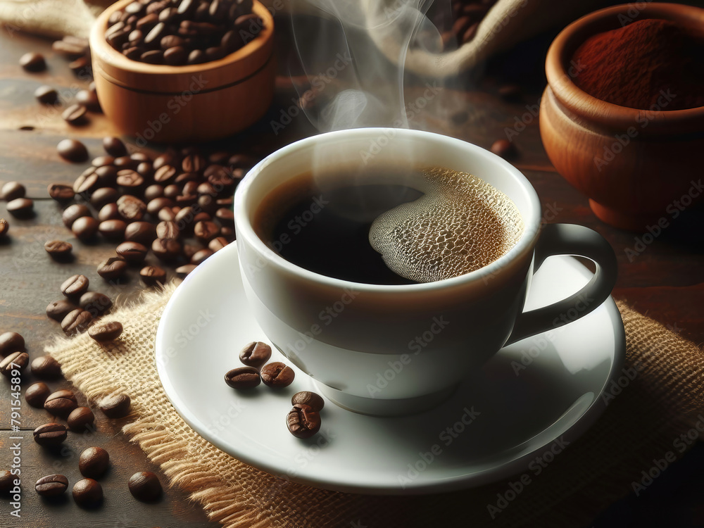 Fototapeta premium A cup of coffee with foam, coffee beans are scattered nearby and cinnamon sticks lie.