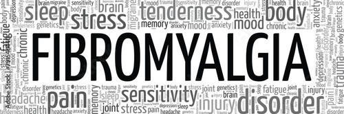 Fibromyalgia word cloud conceptual design isolated on white background.