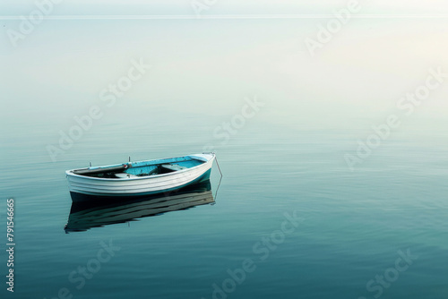 A small boat is floating alone on a calm lake, with no other distractions in the frame, emphasizing the sense of solitude and tranquillity.  photo