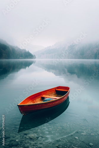 A small boat is floating alone on a calm lake, with no other distractions in the frame, emphasizing the sense of solitude and tranquillity.  © grey
