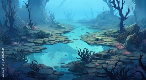 Underwater coral reef with serene blue hues and derelict oil drum elements