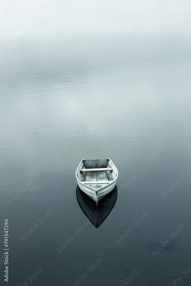 A small boat is floating alone on a calm lake, with no other distractions in the frame, emphasizing the sense of solitude and tranquillity. 