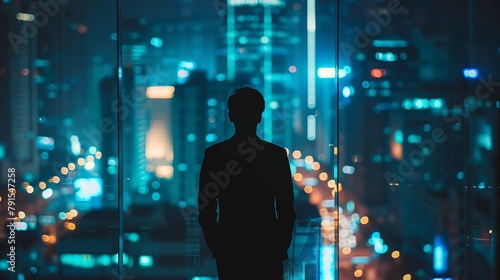 a business person's silhouette against an illuminated cityscape at night, symbolizing late-night hustle and success photo