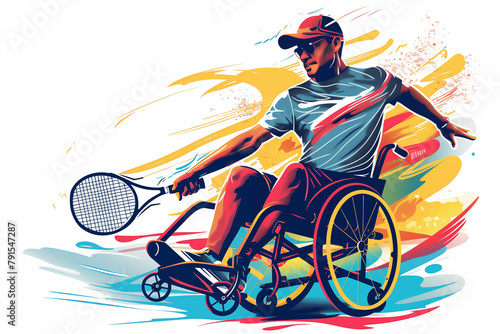 A wheelchair tennis player in action,  illustration on white background and colorful design elements, featuring dynamic strokes for energy and sporty wear with vibrant colors. Paralympic games.