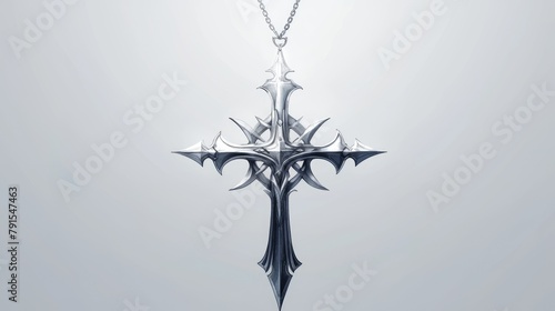 A striking silver cross pendant with a delicate chain set against a crisp white backdrop This detailed illustration showcases a sophisticated metal necklace embodying the essence of religio