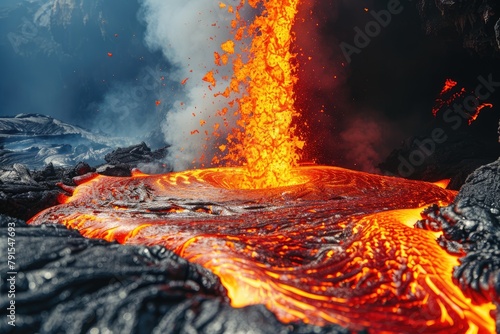 Molten lava flows from a volcano, creating a dangerous yet mesmerizing natural spectacle