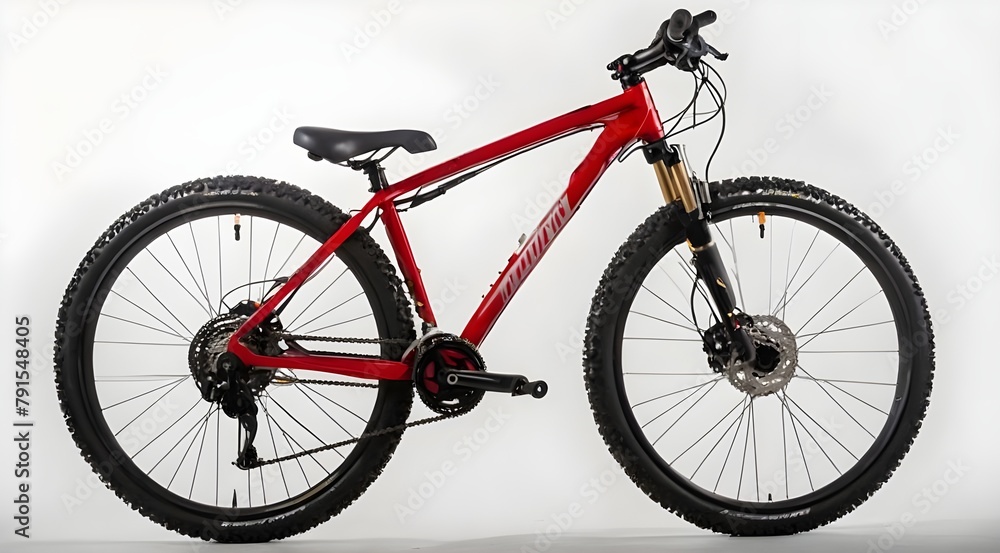 new red mountain bike bicycle eon a white background