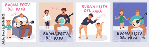 Buona Festa Del Papa, Happy Fathers Day in Italian language postcards set. Hand drawn vector illustration, child with father singing, dancing, musical greeting