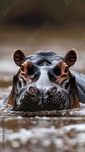 An extreme close-up shot captures the majesty of an African hippopotamus as it swims gracefully in the river. The focus is on its expressive eyes and powerful snout, highlighting the intricate details