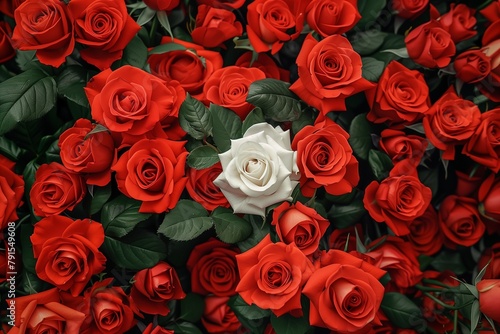 A bouquet of red roses with a single white rose in the center  symbolizing uniqueness.