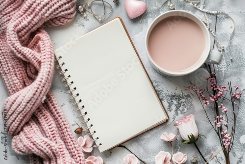 top view of blank notebook on rustic background desk for mockup, flowers decorations. ai generated