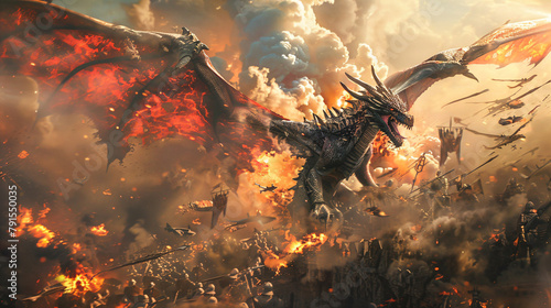 a large dragon flying over a burning city wallpaper mural © Wirestock