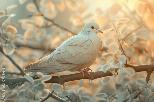 A contented dove nestled on a peaceful tree branch, symbolizing serenity.