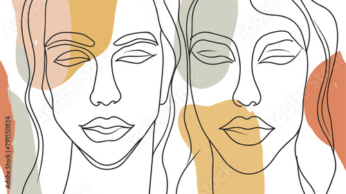 Abstract line art woman face Card and seamless patter