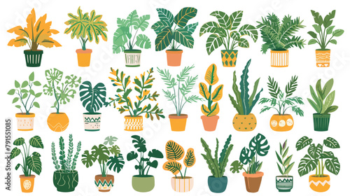 Big set of Houseplant in pot isolated. Vector flat 