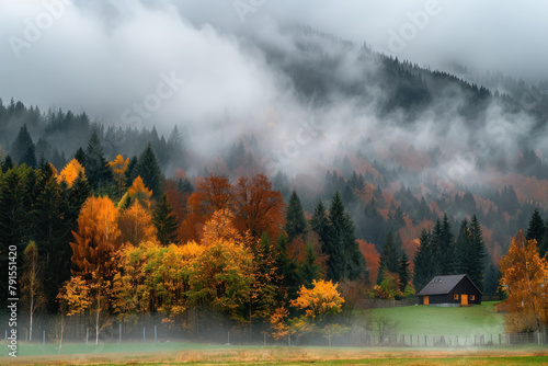 enchanting foggy morning in an autumnal forest with colorful foliage and tranquil vibes photo