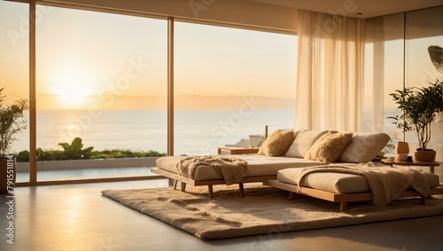 Luxurious oceanside living room with sunset and Japandi style