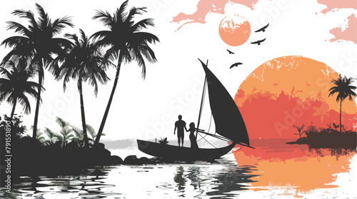 Boat with silhouettes of man and woman on the background