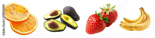 Strawberry avocado cutout, orange slices fruits, banana gourmet vegetable summer green color photo