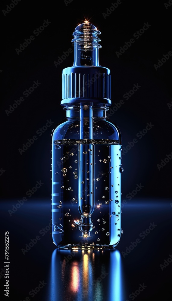 Close-up of dropper above amber glass bottle with essential oil or CBD oil on blurred background Close-up of dropper above amber glass bottle with essential oil or CBD oil on blurred background